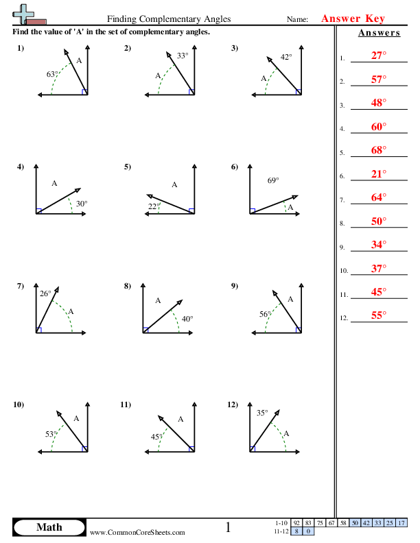  - Finding Complementary Angles worksheet